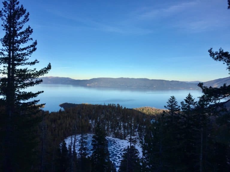 Granite Lake is the small frozen lake and Lake Tahoe is the huge one in the background.