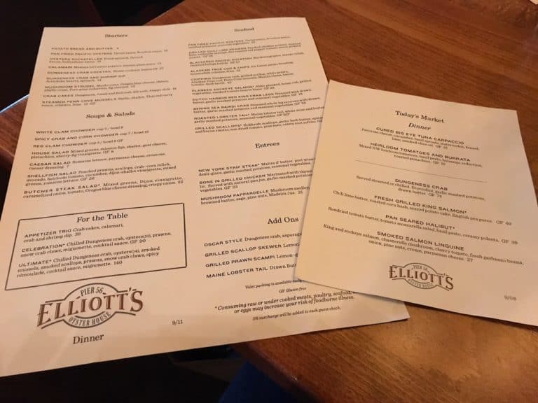 The delicious, though expensive, seafood-heavy, Elliott's menu.