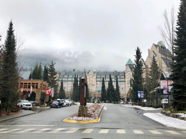 A glimpse of Blackcomb Mountain runs from Upper Village