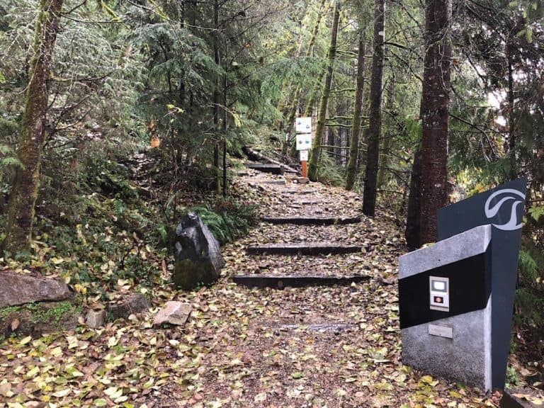 The start of the Grouse Grind:  a 2-mile trail with 2,800 ft elevation gain.