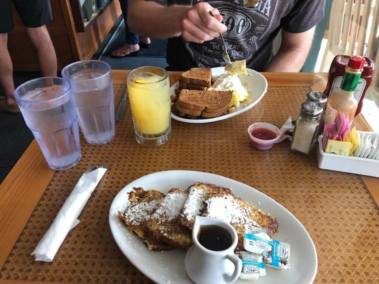 Banana nut French toast, a seafood omelet, and a fresh-squeezed mimosa!