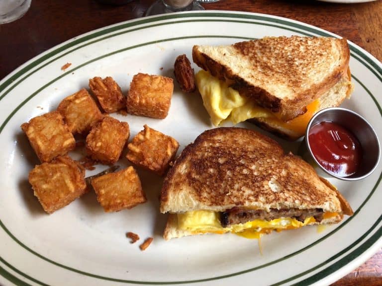 Tasty breakfast sandwich with square tots!