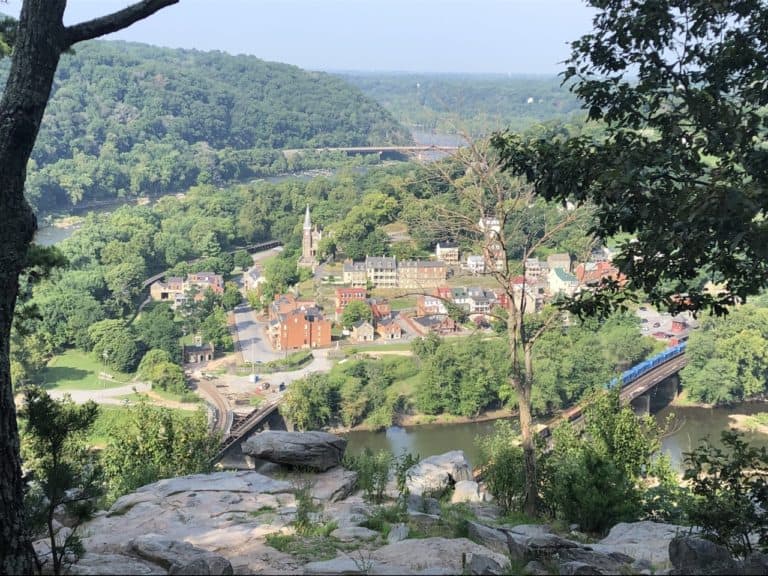 The overlook of downtown Harpers Ferry from the Maryland Heights Loop Trail.