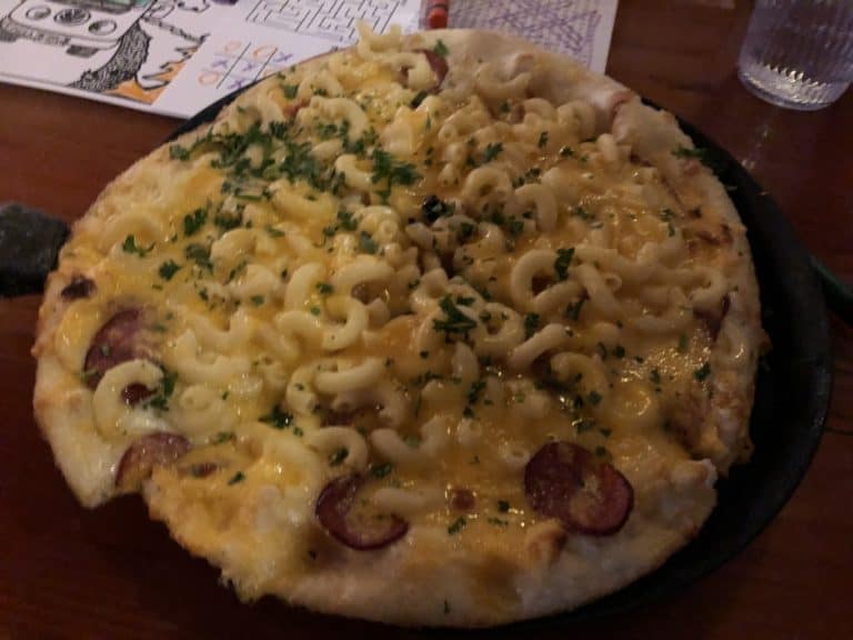 Mac and cheese pizza with reindeer sausage!