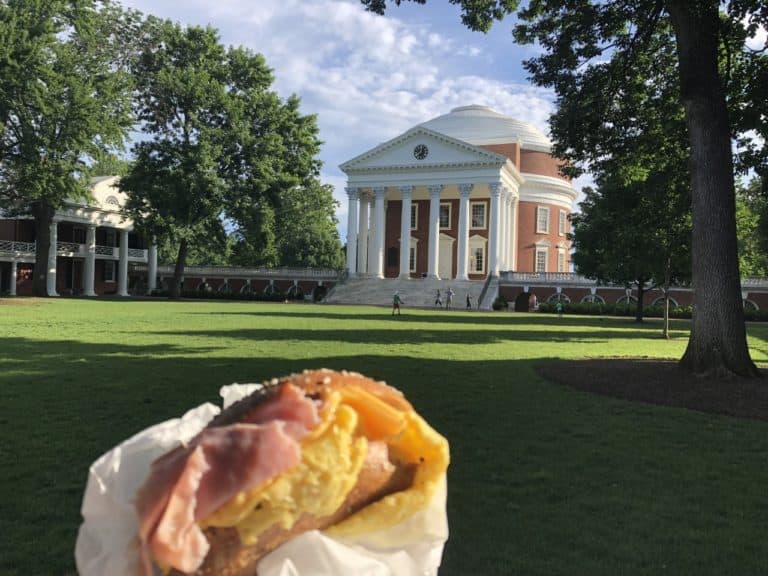 Bodo's Bagel with a view of the library Thomas Jefferson designed on UVA's campus.