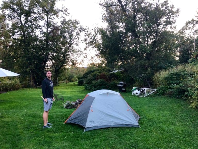 Adam, proud after pitching our tent at our Hip Camp site in 5 minutes flat!