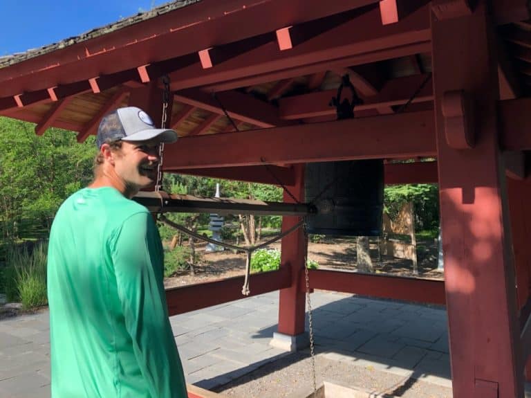 Ringing the gong in the Japanese Garden!