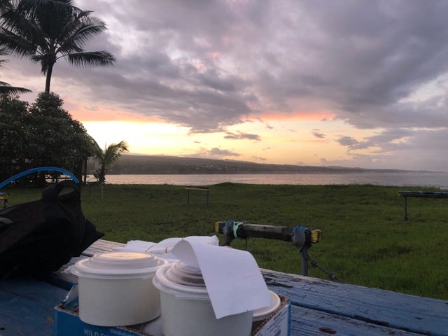 Enjoying our takeout in the Hilo Harbor!