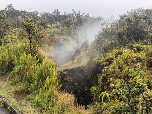 Warming up by the steam vents from the active volcano.